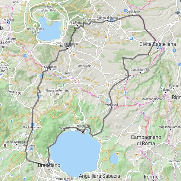 Miniatura della mappa di ispirazione al ciclismo "Fra i Tesori della Tuscia" nella regione di Lazio, Italy. Generata da Tarmacs.app, pianificatore di rotte ciclistiche
