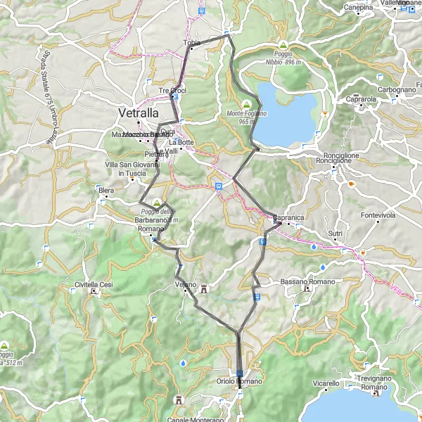 Miniatura della mappa di ispirazione al ciclismo "Giro intorno al Lago di Vico" nella regione di Lazio, Italy. Generata da Tarmacs.app, pianificatore di rotte ciclistiche