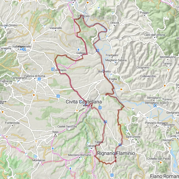 Miniatura della mappa di ispirazione al ciclismo "Esplorazione in gravel da Orte Scalo al Monte Soratte" nella regione di Lazio, Italy. Generata da Tarmacs.app, pianificatore di rotte ciclistiche