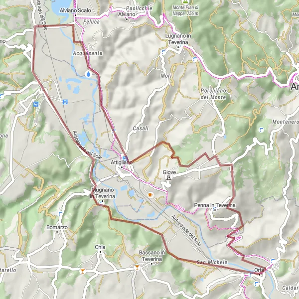Miniatura della mappa di ispirazione al ciclismo "Gravel tra Orte e dintorni" nella regione di Lazio, Italy. Generata da Tarmacs.app, pianificatore di rotte ciclistiche