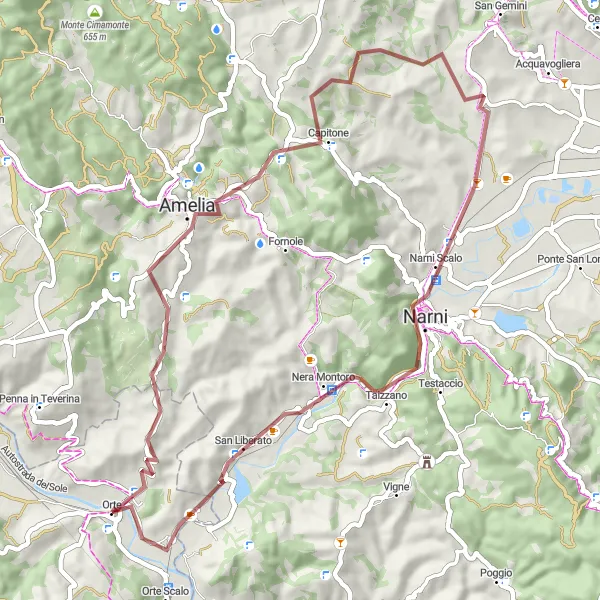 Map miniature of "Gravel Excursion to Narni" cycling inspiration in Lazio, Italy. Generated by Tarmacs.app cycling route planner