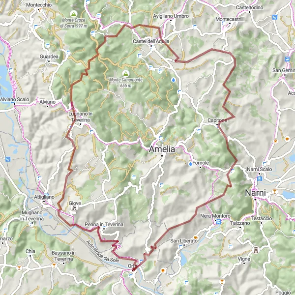 Miniatura della mappa di ispirazione al ciclismo "Sulle tracce dell'antica Via Amerina" nella regione di Lazio, Italy. Generata da Tarmacs.app, pianificatore di rotte ciclistiche