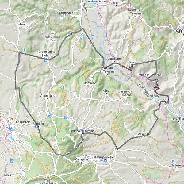 Miniatura della mappa di ispirazione al ciclismo "Ciclismo su strada tra Orte e dintorni" nella regione di Lazio, Italy. Generata da Tarmacs.app, pianificatore di rotte ciclistiche
