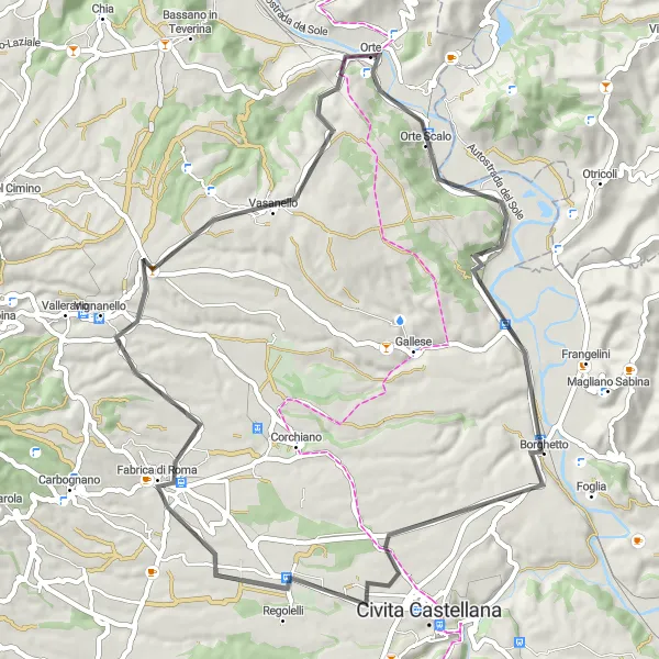 Map miniature of "Scenic Orte Scalo Loop" cycling inspiration in Lazio, Italy. Generated by Tarmacs.app cycling route planner