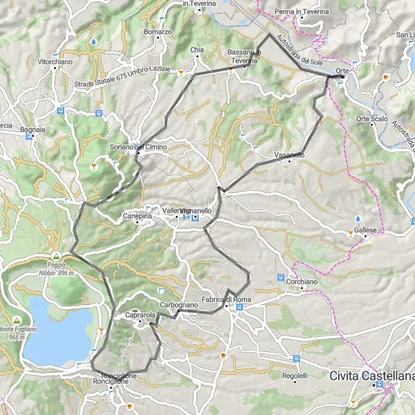 Miniatura della mappa di ispirazione al ciclismo "Esplorazione in bicicletta da Orte a Bassano in Teverina" nella regione di Lazio, Italy. Generata da Tarmacs.app, pianificatore di rotte ciclistiche