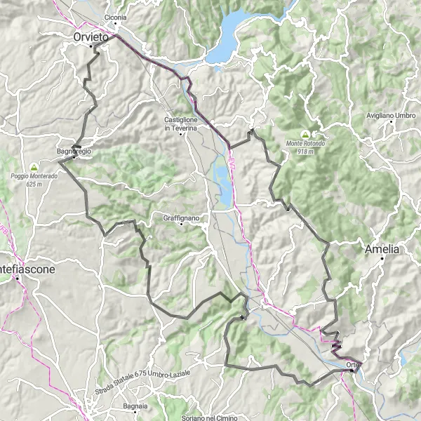 Map miniature of "Epic Road Cycling from Orte to Bagnoregio" cycling inspiration in Lazio, Italy. Generated by Tarmacs.app cycling route planner