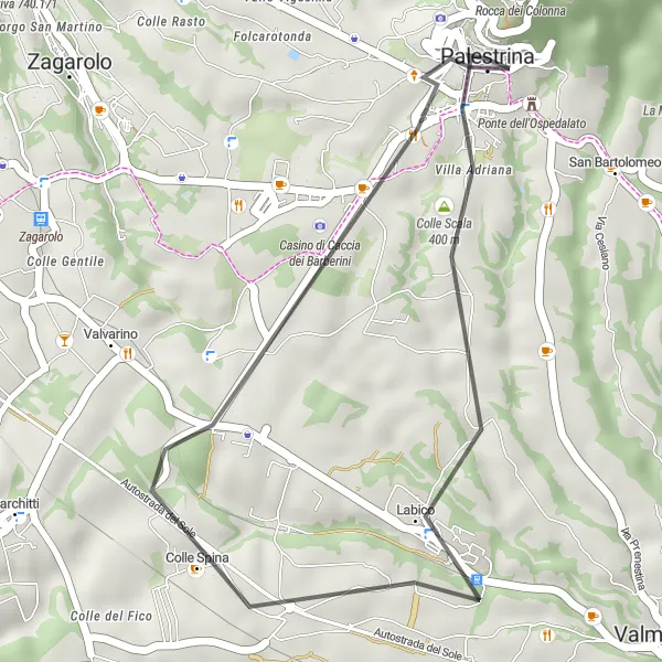 Map miniature of "Palestrina - Colle Scala - Castel San Pietro Romano - Monte Ginestro" cycling inspiration in Lazio, Italy. Generated by Tarmacs.app cycling route planner