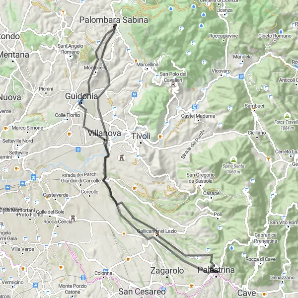 Map miniature of "Palestrina to Castel San Pietro Romano Road Route" cycling inspiration in Lazio, Italy. Generated by Tarmacs.app cycling route planner