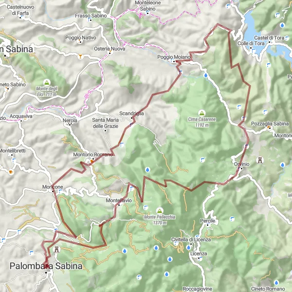 Map miniature of "Sabina Gravel Adventure" cycling inspiration in Lazio, Italy. Generated by Tarmacs.app cycling route planner