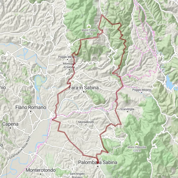 Map miniature of "Sabina Gravel Odyssey" cycling inspiration in Lazio, Italy. Generated by Tarmacs.app cycling route planner