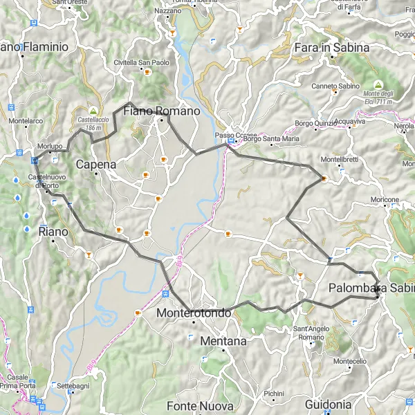 Miniatura della mappa di ispirazione al ciclismo "Tour panoramico da Palombara Sabina a Monterotondo" nella regione di Lazio, Italy. Generata da Tarmacs.app, pianificatore di rotte ciclistiche