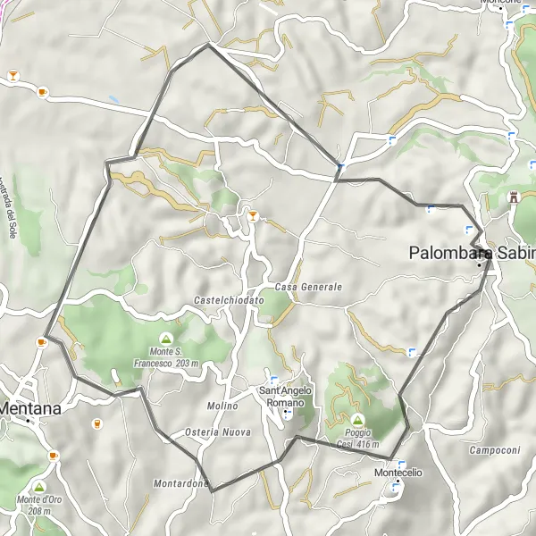 Miniatura della mappa di ispirazione al ciclismo "Giro in bicicletta da Palombara Sabina" nella regione di Lazio, Italy. Generata da Tarmacs.app, pianificatore di rotte ciclistiche