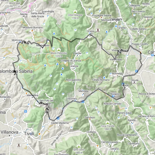 Miniatura della mappa di ispirazione al ciclismo "Tour in bicicletta panoramico tra Palombara Sabina e Roviano" nella regione di Lazio, Italy. Generata da Tarmacs.app, pianificatore di rotte ciclistiche