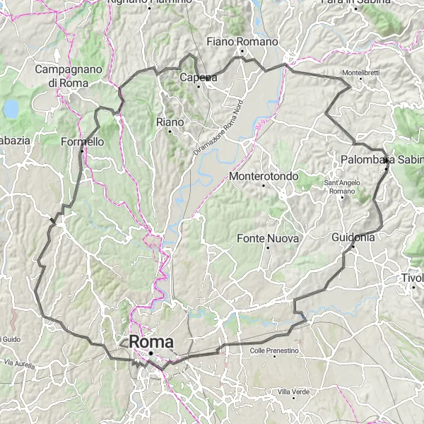 Map miniature of "Road Cycling Adventure to Palombara Sabina" cycling inspiration in Lazio, Italy. Generated by Tarmacs.app cycling route planner