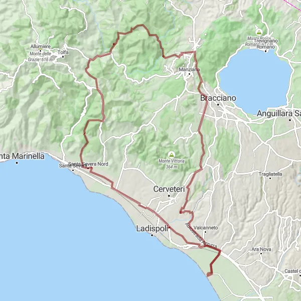 Map miniature of "Gravel Adventure: Passoscuro to Mola della Cava" cycling inspiration in Lazio, Italy. Generated by Tarmacs.app cycling route planner