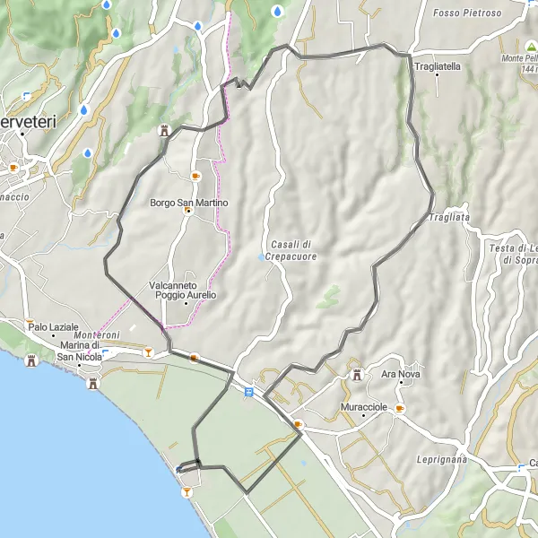 Map miniature of "Countryside Charm: Passoscuro to Ceri" cycling inspiration in Lazio, Italy. Generated by Tarmacs.app cycling route planner