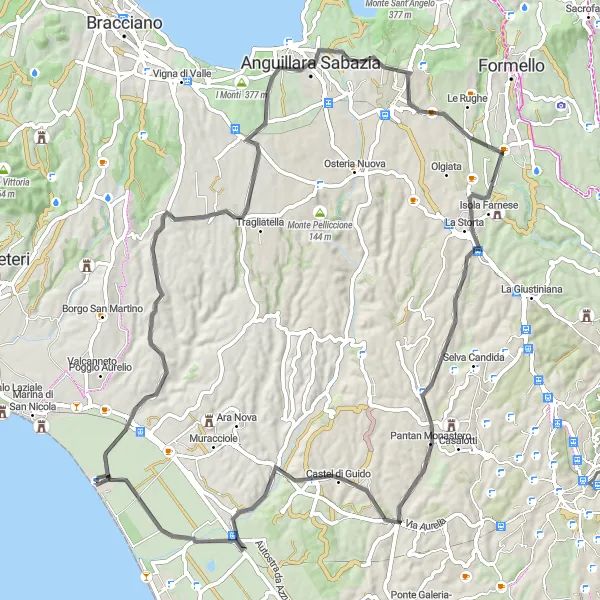 Map miniature of "Coastal Tour: Palidoro to Maccarese" cycling inspiration in Lazio, Italy. Generated by Tarmacs.app cycling route planner