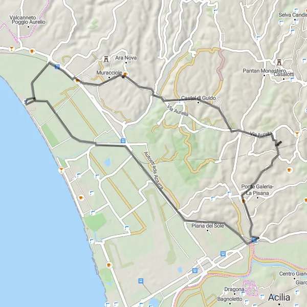 Map miniature of "Exploring Historical Sites: Torrimpietra to Maccarese" cycling inspiration in Lazio, Italy. Generated by Tarmacs.app cycling route planner