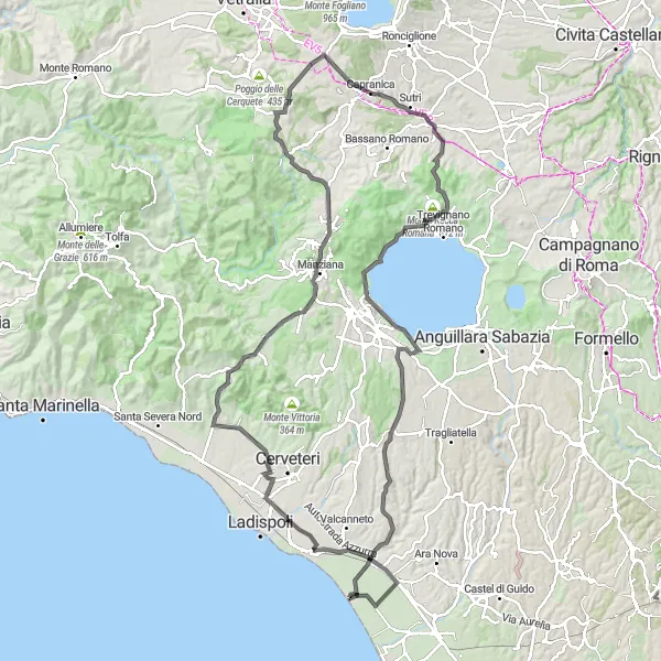 Map miniature of "Passoscuro to Castello del Sasso" cycling inspiration in Lazio, Italy. Generated by Tarmacs.app cycling route planner