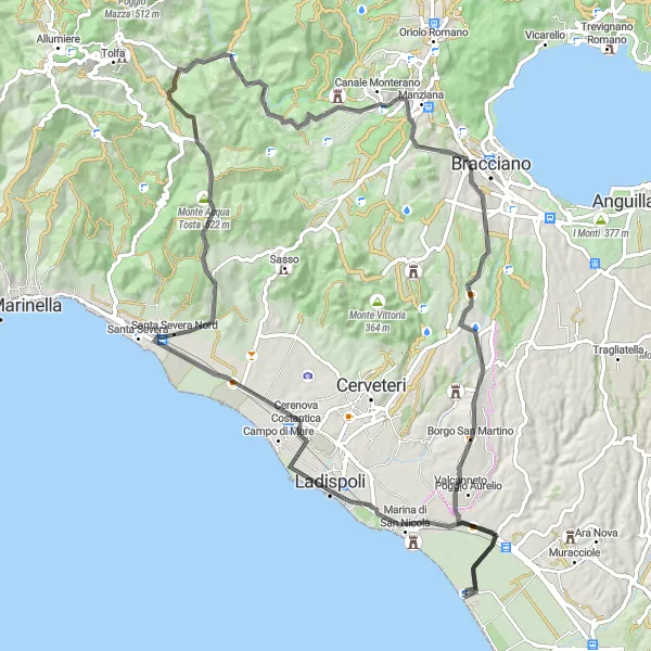Map miniature of "Mountain Challenge: Palidoro to Monte Uomo Morto" cycling inspiration in Lazio, Italy. Generated by Tarmacs.app cycling route planner