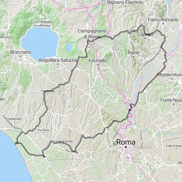 Map miniature of "Passoscuro to Maccarese Loop" cycling inspiration in Lazio, Italy. Generated by Tarmacs.app cycling route planner