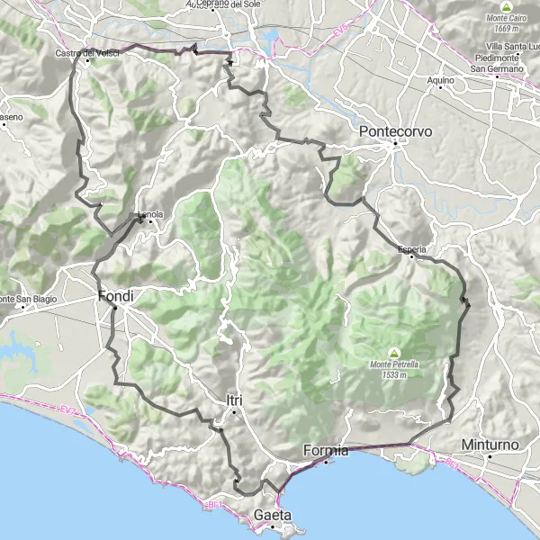 Map miniature of "Challenging Route to Monticelli" cycling inspiration in Lazio, Italy. Generated by Tarmacs.app cycling route planner