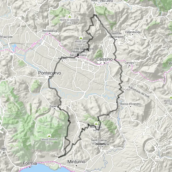 Map miniature of "Aquino and Vallemaio Round-Trip" cycling inspiration in Lazio, Italy. Generated by Tarmacs.app cycling route planner