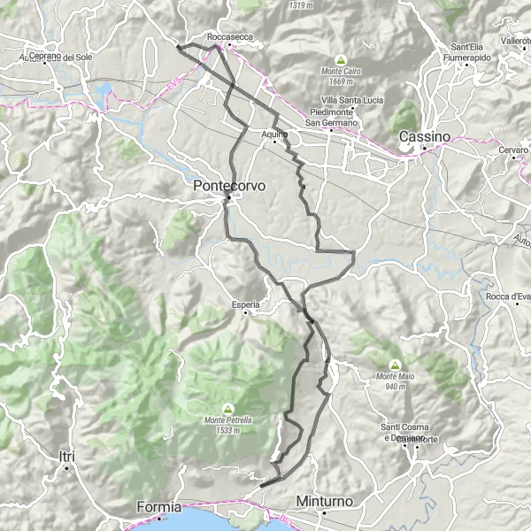 Map miniature of "Aquino to Spigno Saturnia" cycling inspiration in Lazio, Italy. Generated by Tarmacs.app cycling route planner