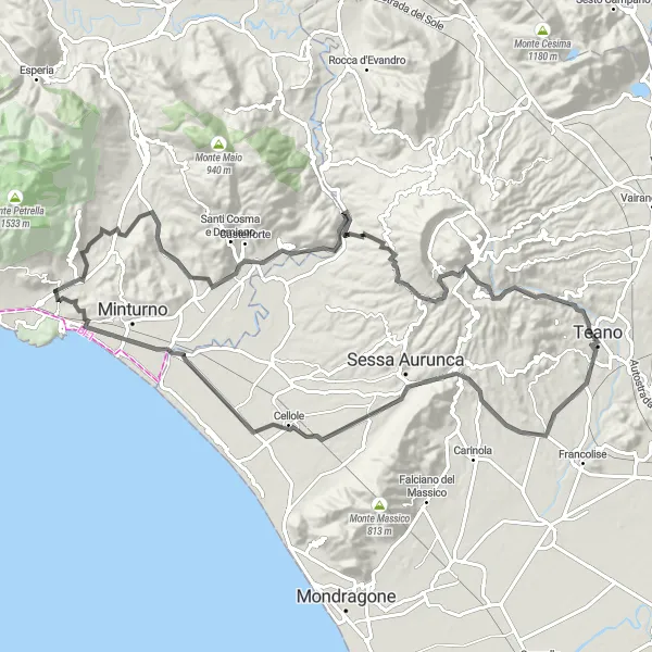 Map miniature of "From Penitro to Fontanaradina" cycling inspiration in Lazio, Italy. Generated by Tarmacs.app cycling route planner