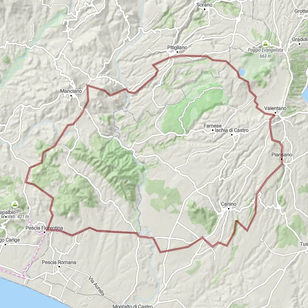 Miniatura della mappa di ispirazione al ciclismo "Giro Panoramico in Gravel da Piansano a Pitigliano" nella regione di Lazio, Italy. Generata da Tarmacs.app, pianificatore di rotte ciclistiche