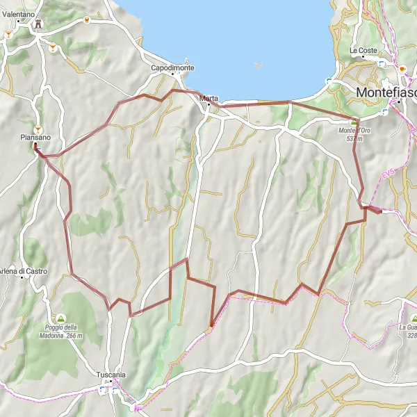 Map miniature of "Gravel Adventure to Monte di Marta and Poggio Cioccato" cycling inspiration in Lazio, Italy. Generated by Tarmacs.app cycling route planner