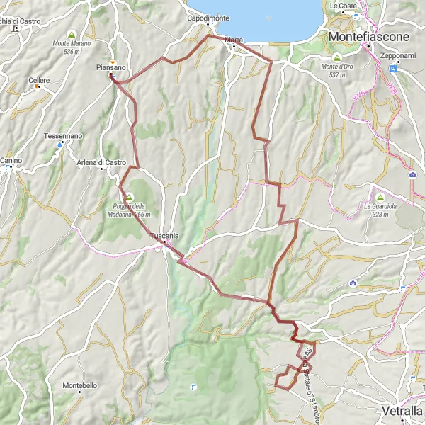 Miniatura della mappa di ispirazione al ciclismo "Giro in bicicletta da Piansano su sterrato" nella regione di Lazio, Italy. Generata da Tarmacs.app, pianificatore di rotte ciclistiche