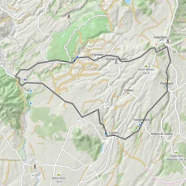 Map miniature of "The Road Cycling Loop of Poggio Cervigliola and Farnese" cycling inspiration in Lazio, Italy. Generated by Tarmacs.app cycling route planner