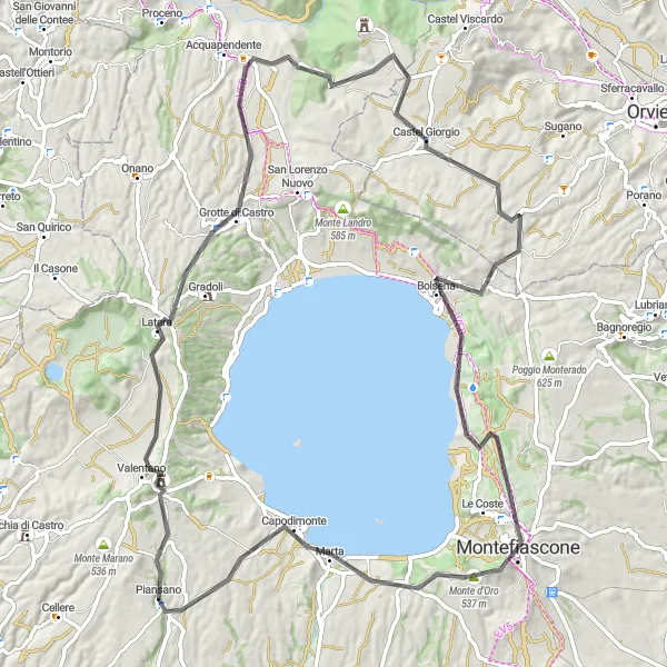 Map miniature of "The Road Cycling Challenge of Castel Giorgio and Bolsena" cycling inspiration in Lazio, Italy. Generated by Tarmacs.app cycling route planner