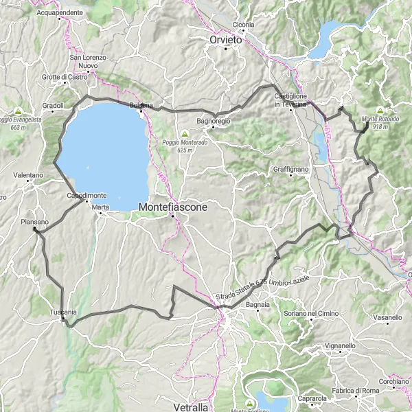 Miniatura della mappa di ispirazione al ciclismo "Giro in bicicletta da Piansano su strada" nella regione di Lazio, Italy. Generata da Tarmacs.app, pianificatore di rotte ciclistiche
