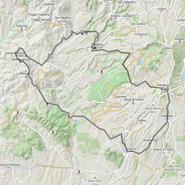 Map miniature of "The Historical Villages Ride" cycling inspiration in Lazio, Italy. Generated by Tarmacs.app cycling route planner