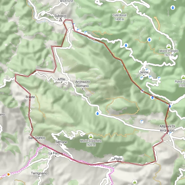 Map miniature of "Roiate-Subiaco Gravel Route" cycling inspiration in Lazio, Italy. Generated by Tarmacs.app cycling route planner