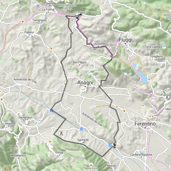 Miniatura della mappa di ispirazione al ciclismo "Escursione in bicicletta da Piglio ad Acuto e Sgurgola" nella regione di Lazio, Italy. Generata da Tarmacs.app, pianificatore di rotte ciclistiche