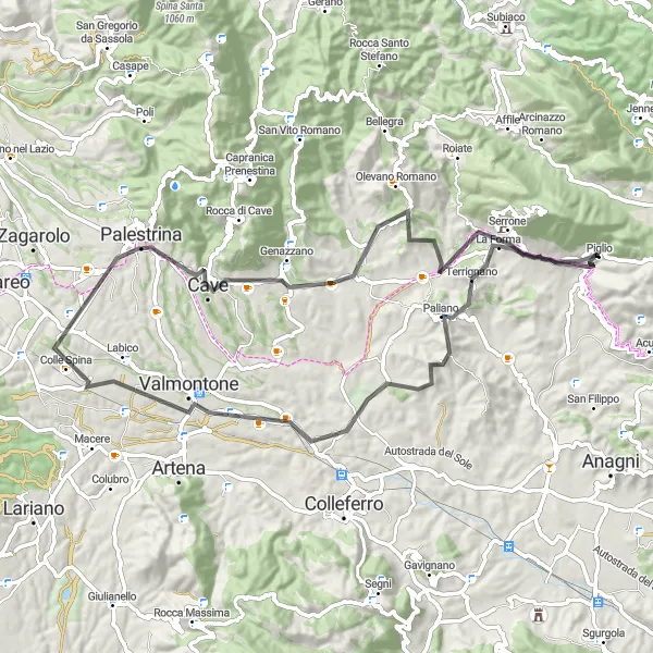 Map miniature of "Road Cycling Route: Piglio to Colle La Signoretta" cycling inspiration in Lazio, Italy. Generated by Tarmacs.app cycling route planner