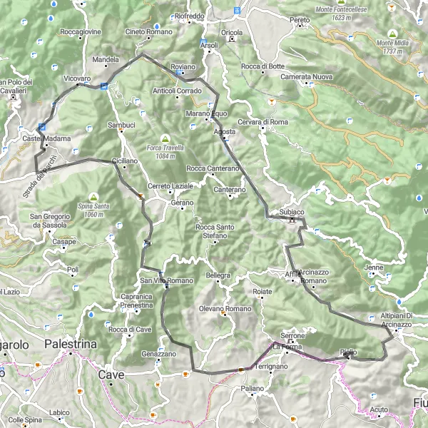 Map miniature of "Road Cycling Route: Serrone to Piglio" cycling inspiration in Lazio, Italy. Generated by Tarmacs.app cycling route planner