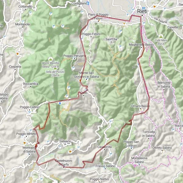 Miniatura della mappa di ispirazione al ciclismo "Le Strade Bianche della Sabina" nella regione di Lazio, Italy. Generata da Tarmacs.app, pianificatore di rotte ciclistiche