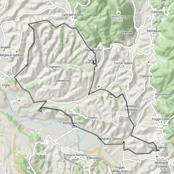 Miniatura della mappa di ispirazione al ciclismo "Giro in Bicicletta tra Stimigliano e Poggio Mirteto" nella regione di Lazio, Italy. Generata da Tarmacs.app, pianificatore di rotte ciclistiche