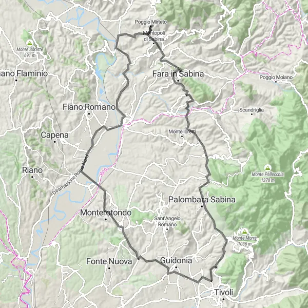 Miniatura della mappa di ispirazione al ciclismo "Il Giro dei Colli Sabini" nella regione di Lazio, Italy. Generata da Tarmacs.app, pianificatore di rotte ciclistiche