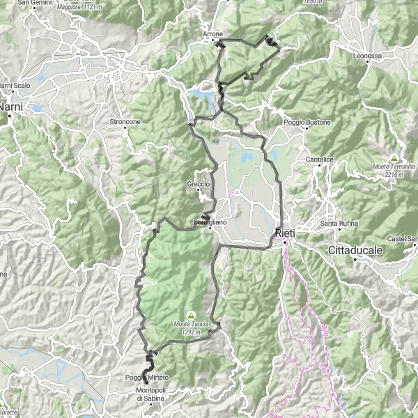 Map miniature of "Sabine Hill Loop" cycling inspiration in Lazio, Italy. Generated by Tarmacs.app cycling route planner