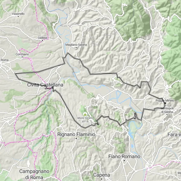 Miniatura della mappa di ispirazione al ciclismo "Tour Panoramico da Poggio Mirteto a Nazzano" nella regione di Lazio, Italy. Generata da Tarmacs.app, pianificatore di rotte ciclistiche