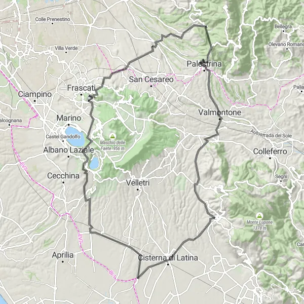 Miniatura della mappa di ispirazione al ciclismo "Tour Ciclistico Monte Arzillo - Cisterna di Latina" nella regione di Lazio, Italy. Generata da Tarmacs.app, pianificatore di rotte ciclistiche