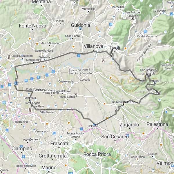 Miniatura della mappa di ispirazione al ciclismo "Il Giro dei Colli Romani" nella regione di Lazio, Italy. Generata da Tarmacs.app, pianificatore di rotte ciclistiche