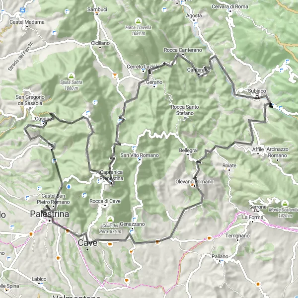 Miniatura della mappa di ispirazione al ciclismo "Sfida al Monte Guadagnolo" nella regione di Lazio, Italy. Generata da Tarmacs.app, pianificatore di rotte ciclistiche