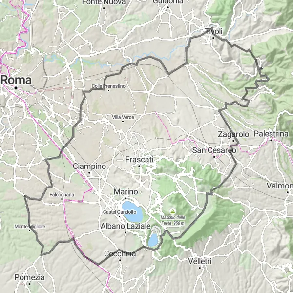 Miniatura della mappa di ispirazione al ciclismo "Il Giro delle Ville Castellane" nella regione di Lazio, Italy. Generata da Tarmacs.app, pianificatore di rotte ciclistiche