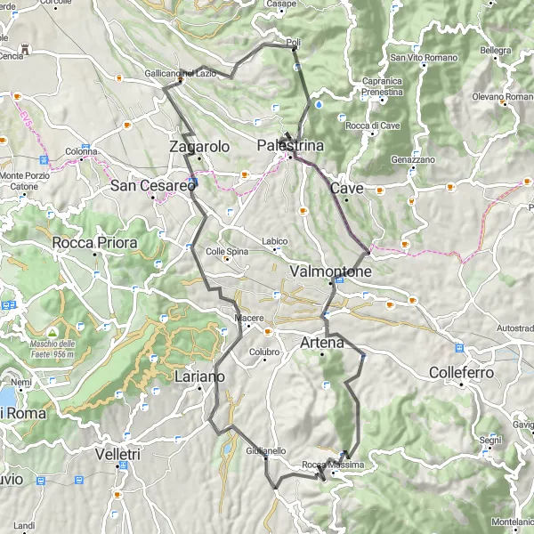 Miniatura della mappa di ispirazione al ciclismo "Circuito Scenic Artena" nella regione di Lazio, Italy. Generata da Tarmacs.app, pianificatore di rotte ciclistiche